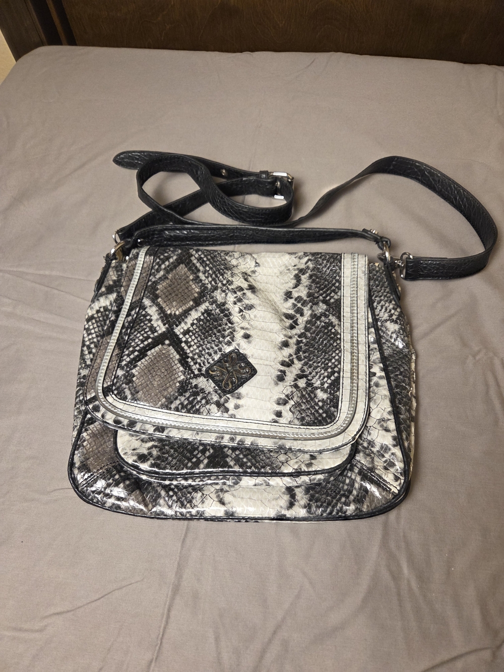 Snake-Print Crossbody Bag in Black, Gray, and Cream